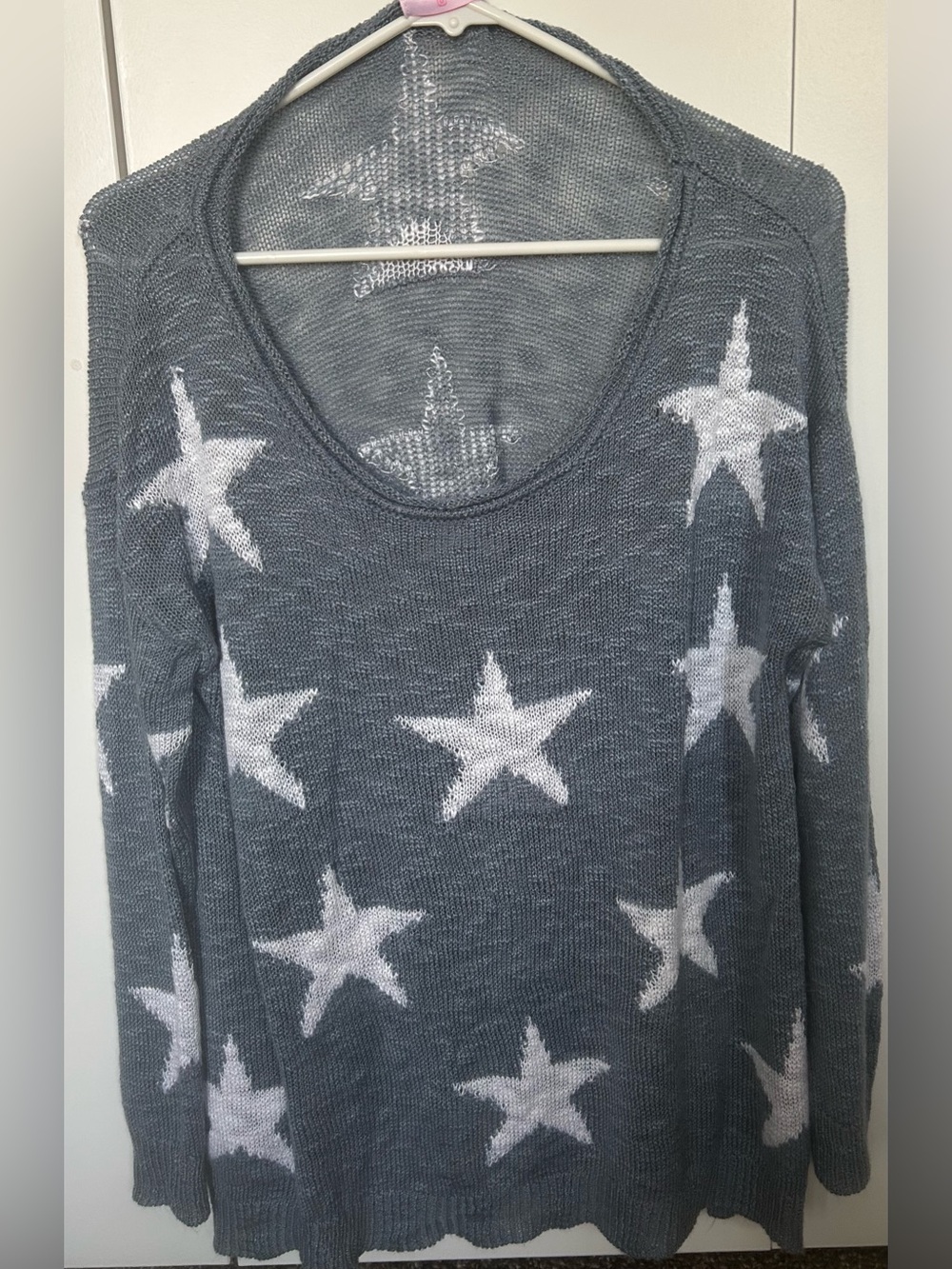 PINK LILY Gray Blue Star Pattern Women's Scoop Neck Sweater 4TH Of July